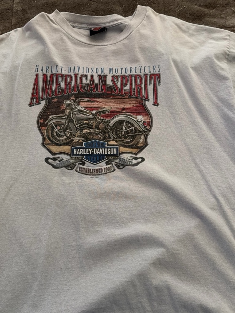 Harley-Davidson White Tee with Red & Blue American Spirit Motorcycle Graphic